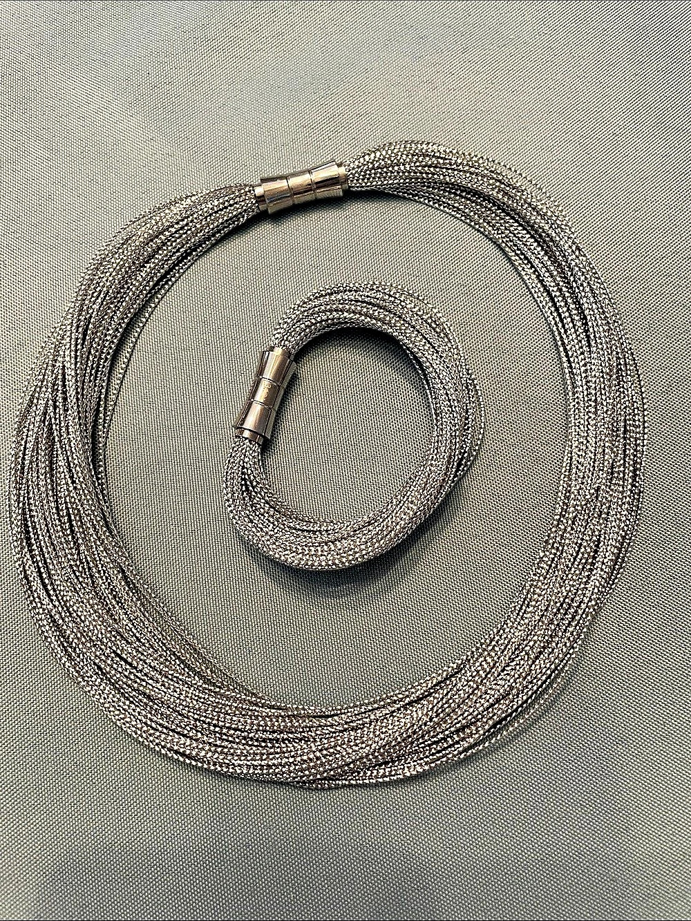 Multi-Strand Necklace and Bracelet Set in Gray Metallic Cloth Strands